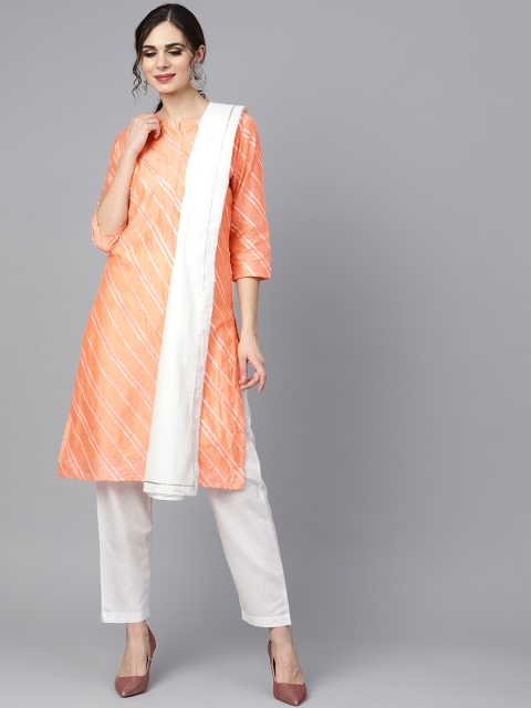 

Nayo Women Peach-Coloured & White Striped Kurta with Trousers & Dupatta