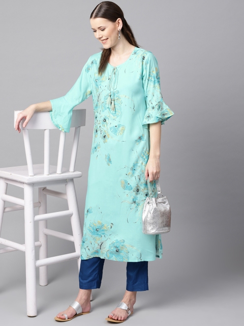

Nayo Women Blue & Golden Foil Floral Print Straight Kurta