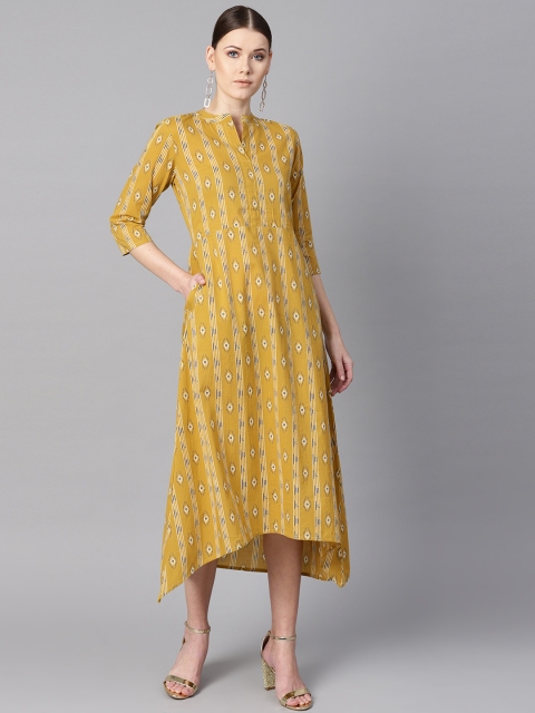

AASI - HOUSE OF NAYO Women Mustard Yellow & Navy Ikat Print A-Line Dress