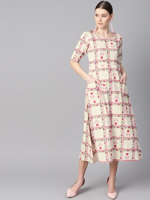 

AASI - HOUSE OF NAYO Women Off-White & Pink Ikat Print A-Line Dress