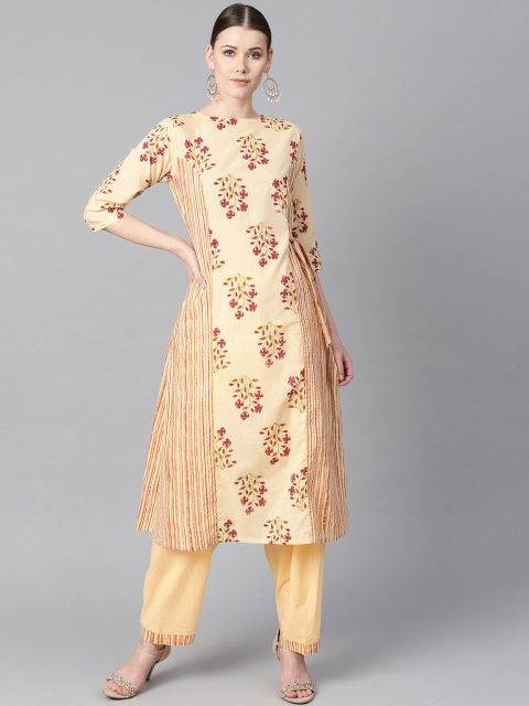 

AASI - HOUSE OF NAYO Women Cream-Coloured & Pink Printed Kurta with Salwar