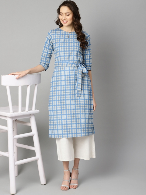

AASI - HOUSE OF NAYO Women Blue & Grey Checked Straight Kurta