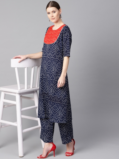 

AASI - HOUSE OF NAYO Women Navy Blue & White Printed A-Line Kurta