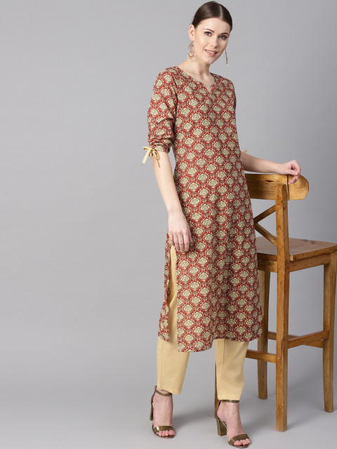 

AASI - HOUSE OF NAYO Women Rust Brown & Beige Printed Kurta with Trousers