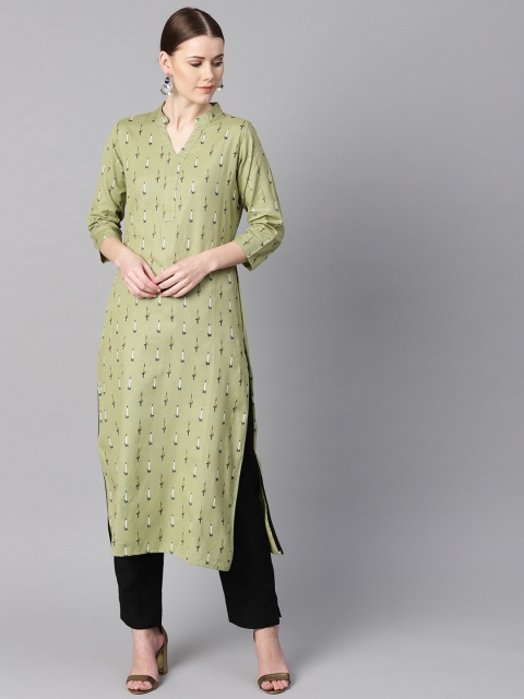 

AASI - HOUSE OF NAYO Women Olive Green & Black Ikat Print Kurta with Trousers
