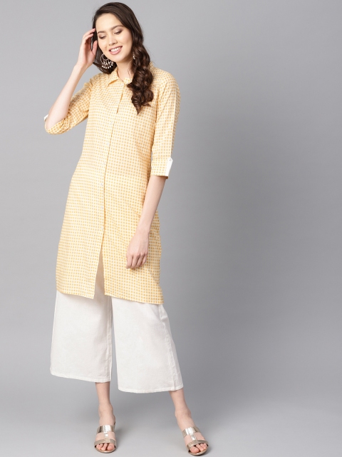 

AASI - HOUSE OF NAYO Women Yellow Checked Straight Kurta
