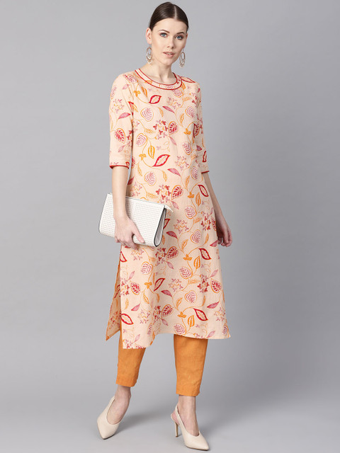 

AASI - HOUSE OF NAYO Women Beige & Orange Printed Straight Kurta