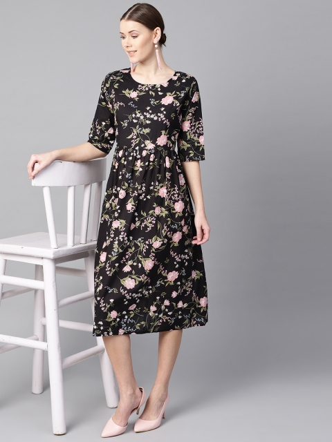 

AASI - HOUSE OF NAYO Women Black & Pink Printed A-Line Dress