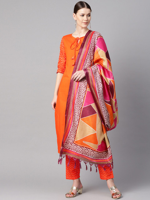 

AASI - HOUSE OF NAYO Women Orange & Pink Solid Kurta with Trousers & Dupatta