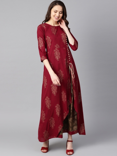 

AASI - HOUSE OF NAYO Women Maroon & Grey Printed Kurta with Skirt