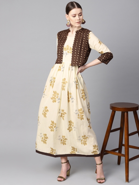 

AASI - HOUSE OF NAYO Women Cream-Coloured Printed Maxi Dress with Ethnic Jacket