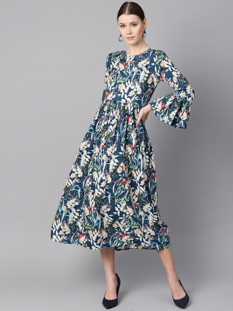 

AASI - HOUSE OF NAYO Women Navy Blue & White Floral Print A-Line Dress