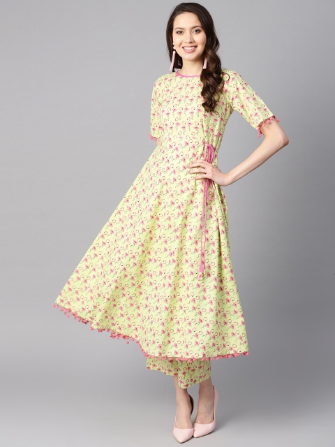 

AASI - HOUSE OF NAYO Women Green & Pink Printed Kurta with Trousers