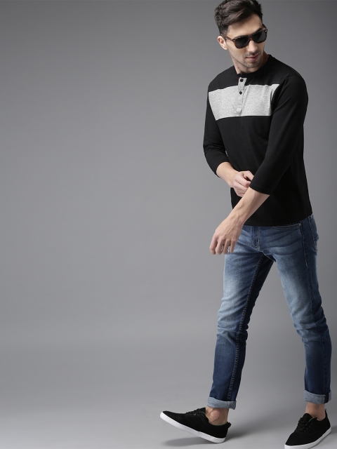 

Moda Rapido Black & Grey Colourblocked Slim Fit Henley T-shirt