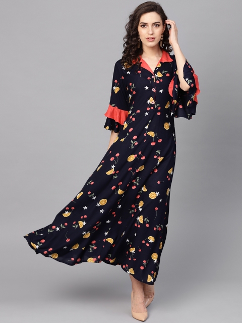 

ANAISA Women Navy Blue & Yellow Printed Maxi Dress