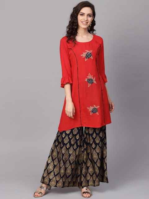 

ANAISA Women Red & Navy Blue Embroidered Kurta with Palazzos