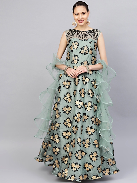 

Chhabra 555 Women Green & Black Printed Made to Measure Cocktail Gown with Dupatta