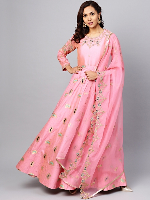 

Chhabra 555 Women Pink Woven Design Made to Measure Cocktail Gown with Embellished Dupatta