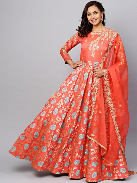 

Chhabra 555 Women Coral Orange Self-Design Made to Measure Cocktail Gown with Dupatta