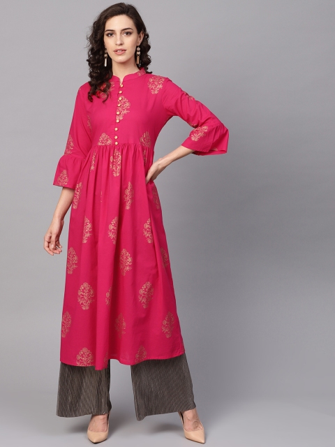 

ANAISA Women Pink & Golden Printed A-Line Kurta