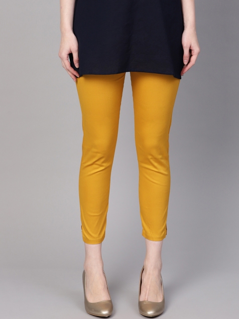 

ANAISA Women Mustard Yellow Smart Slim Fit Solid Cropped Stretchable Cigarette Trousers