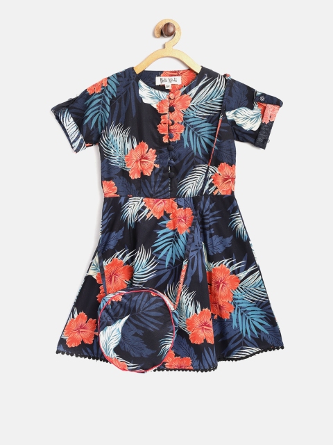 

Bella Moda Girls Navy & Orange Printed Fit & Flare Dress, Navy blue