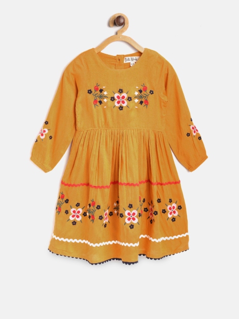 

Bella Moda Girls Mustard Yellow embroidered Fit & Flare Dress