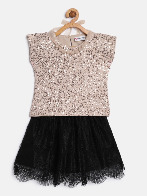 

Peppermint Girls Beige & Black Embellished Top with Skirt