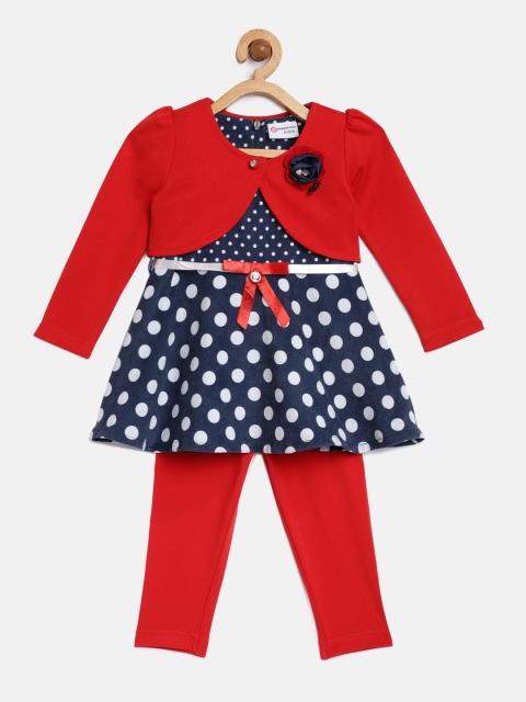 

Peppermint Girls Navy Blue & White Printed Fit and Flare Dress with Shrug and Leggings