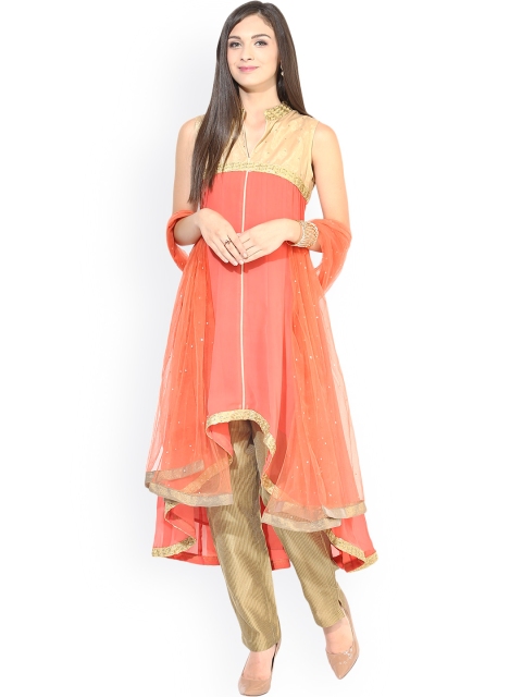 

Shakumbhari Peach-Coloured & Gold-Toned Anarkali Churidar Kurta with Dupatta
