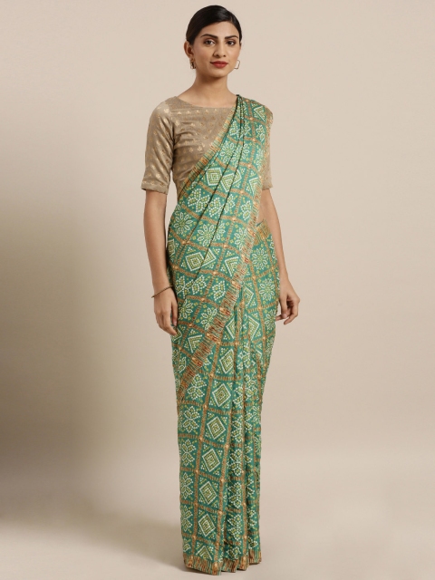

MOKSHA DESIGNS Teal Green Pure Crepe Printed Rajasthani Bandhani Bandhej Patola Saree