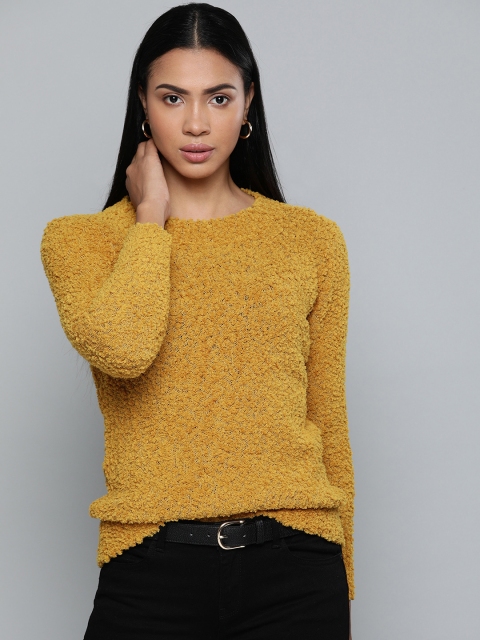 

Chemistry Edition Women Mustard Yellow Solid Sweater with Fleece Detailing