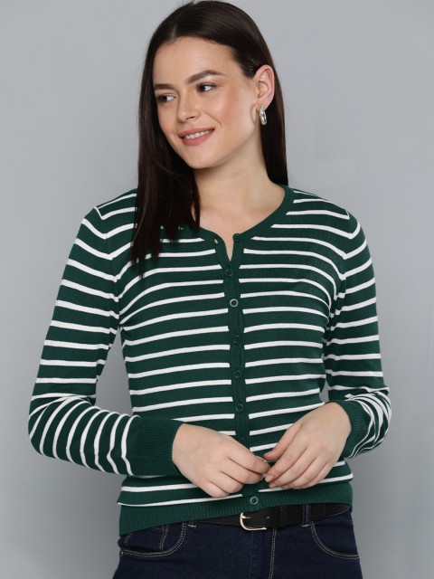 

Chemistry Edition Women Green & White Striped Cardigan Sweater