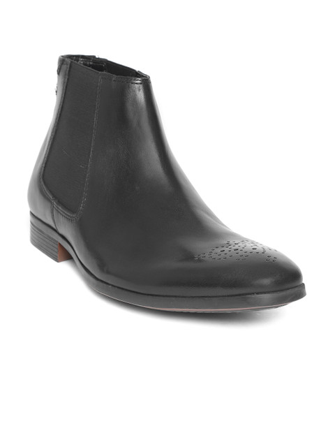 

Clarks Men Black Solid Leather Mid-Top Flat Boots