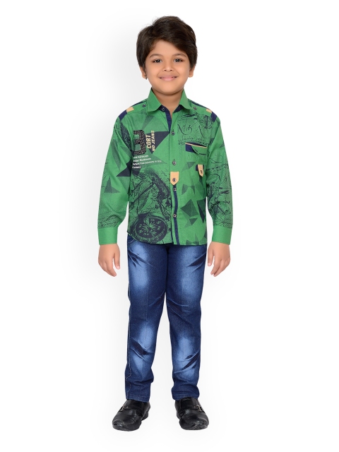 

Kidling Boys Green & Blue Printed Shirt with Jeans