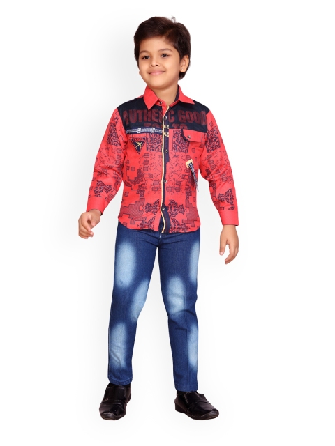 

Kidling Boys Red & Blue Printed Shirt with Jeans