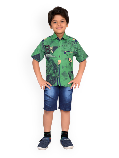 

Kidling Boys Green & Blue Printed Shirt with Shorts