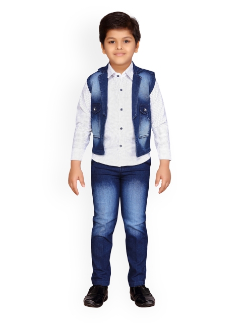 

Kidling Boys White & Blue Printed Shirt with Jeans