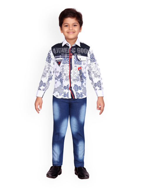 

Kidling Boys White & Blue Printed Shirt with Jeans
