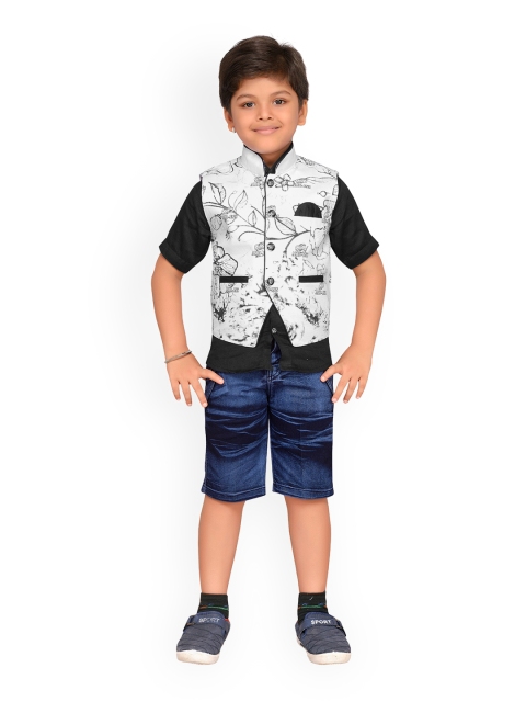 

Kidling Boys Black & Blue Solid Shirt with Denim Shorts and Waistcoat