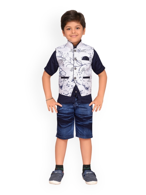 

Kidling Boys Blue Solid Shirt with Denim Shorts and Waistcoat