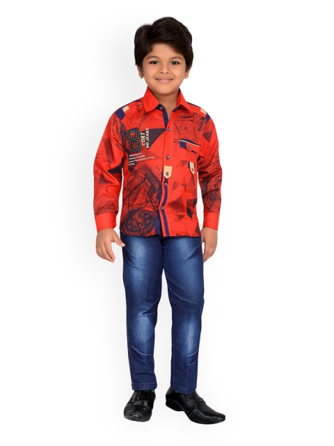 

Kidling Boys Red & Blue Printed Shirt with Jeans