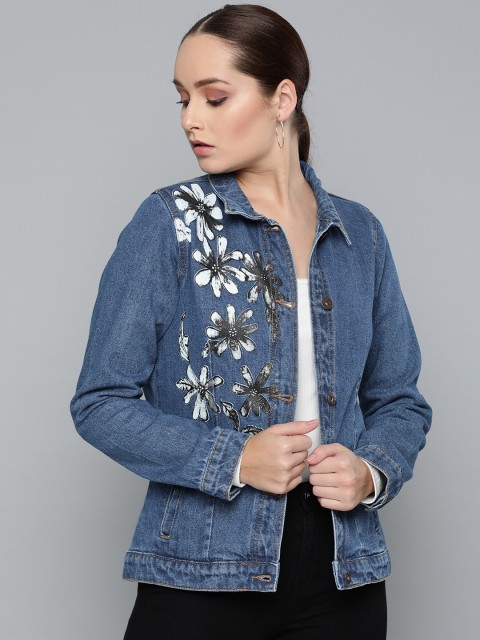 

Chemistry Edition Women Blue & White Printed Denim Jacket