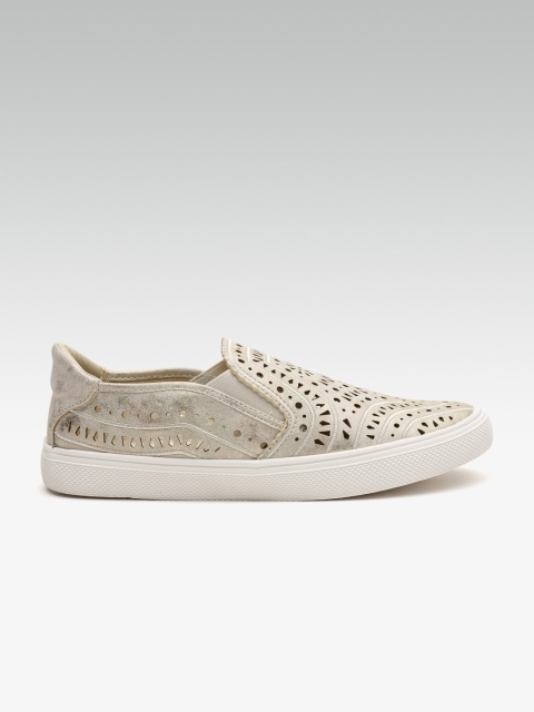 

Carlton London Women Grey & Gold-Toned Cut-Out Shimmer Slip-On Sneakers