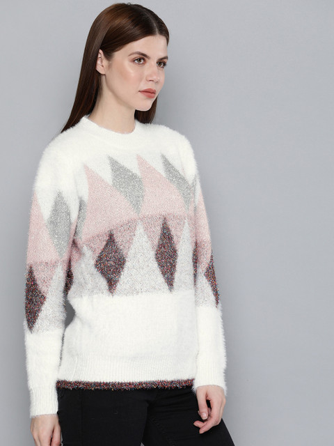 

Chemistry Edition Women White & Silver-Toned Self Design Sweater