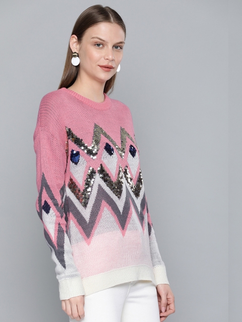 

Chemistry Edition Women Pink & Off-White Self Design Sweater