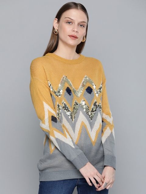 

Chemistry Edition Women Mustard & Grey Self Design Sweater