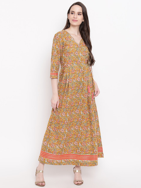 

Sringam Women Mustard Yellow & Green Printed Maxi Dress