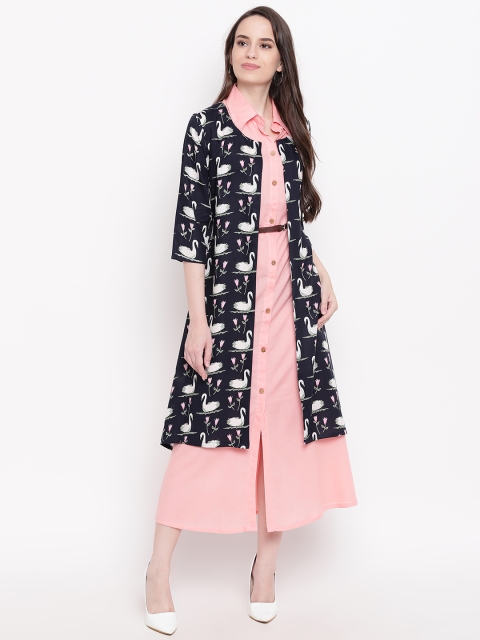 

Sringam Women Pink Solid Shirt Dress with Printed Layer