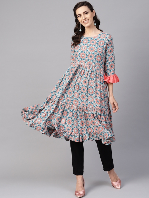 

Yufta Women Blue & Coral Pink Printed Tiered A-Line Kurta